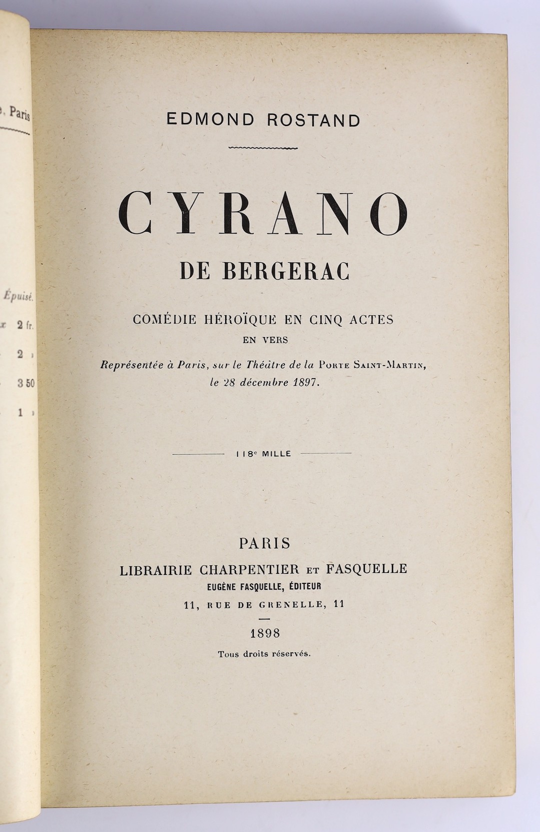 Rostand, Edmond - Cyrano de Bergerac, 12mo, University of Reading prize, tan calf gilt, stamped AP, dated 1900, Charpentier & Fasquelle, Paris, 1898